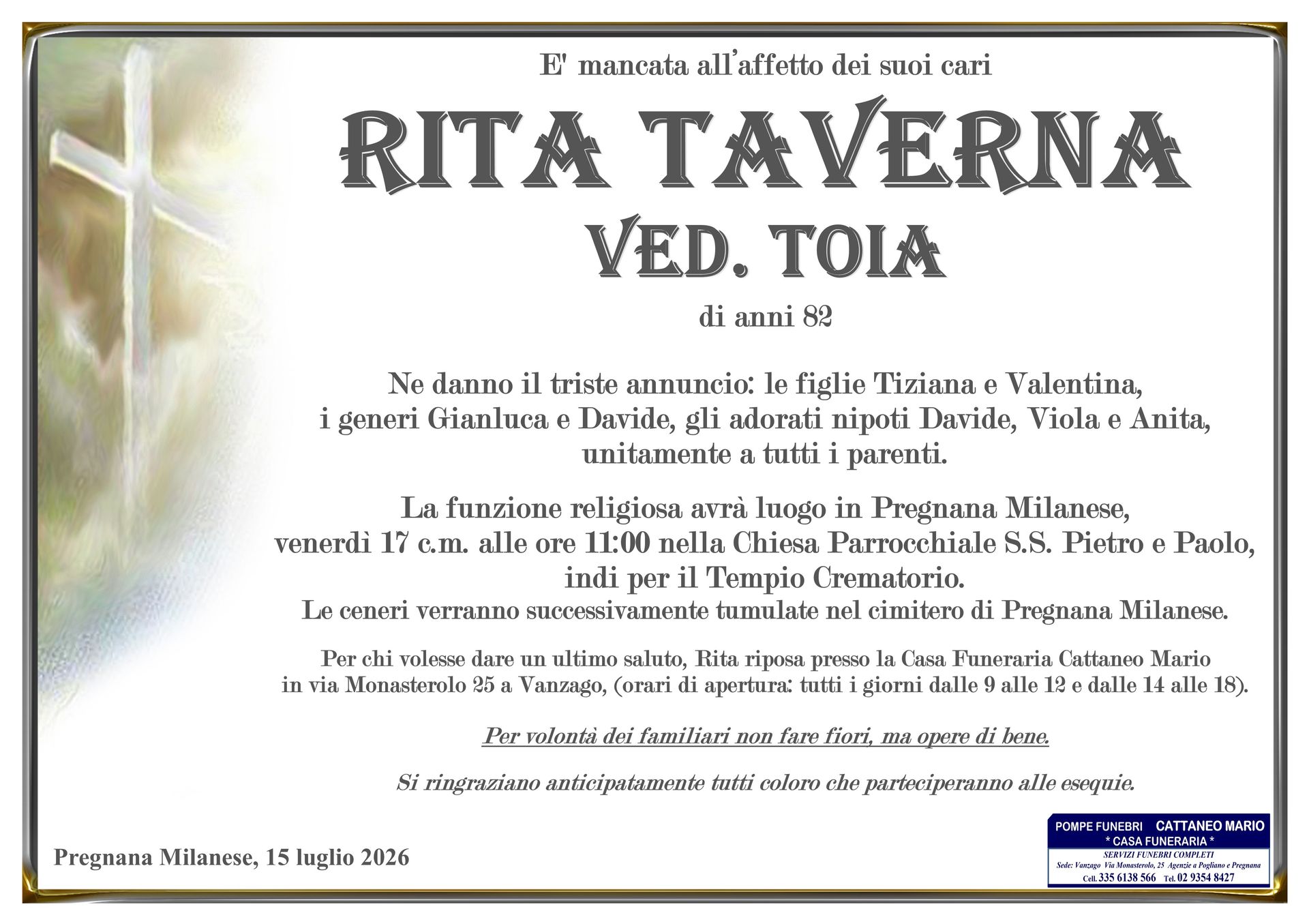 necrologio Rita Taverna