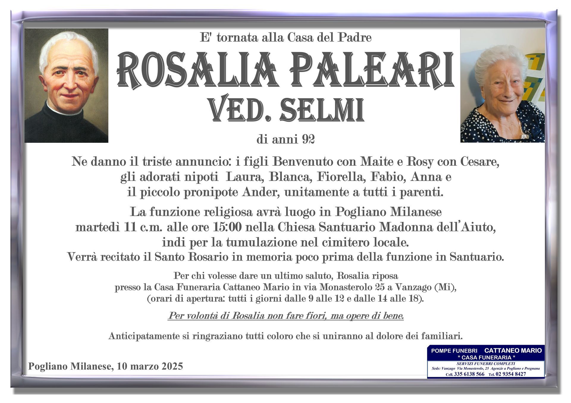 necrologio Rosalia Paleari