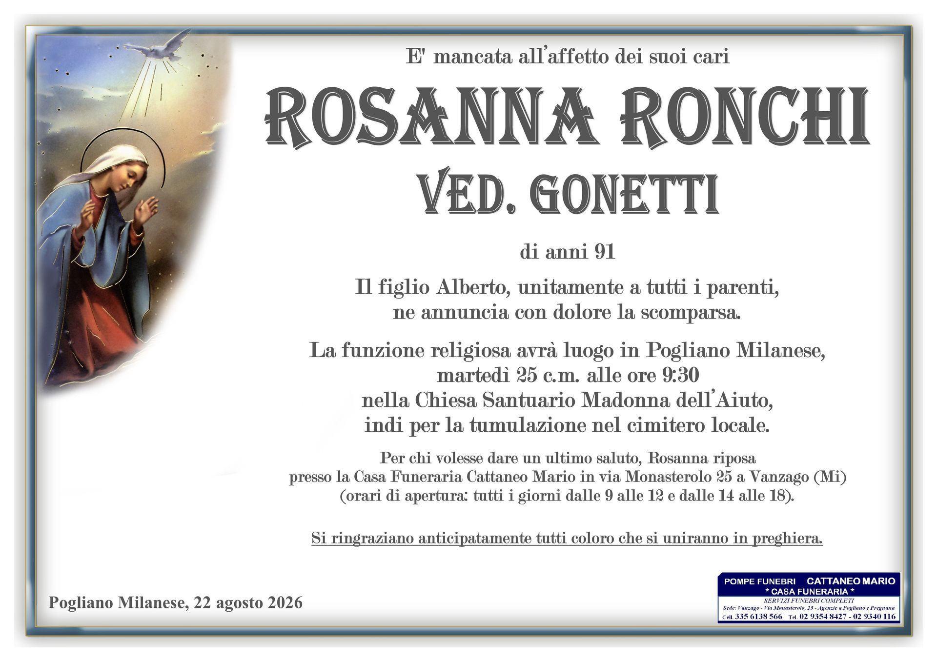 necrologio Rosanna Ronchi