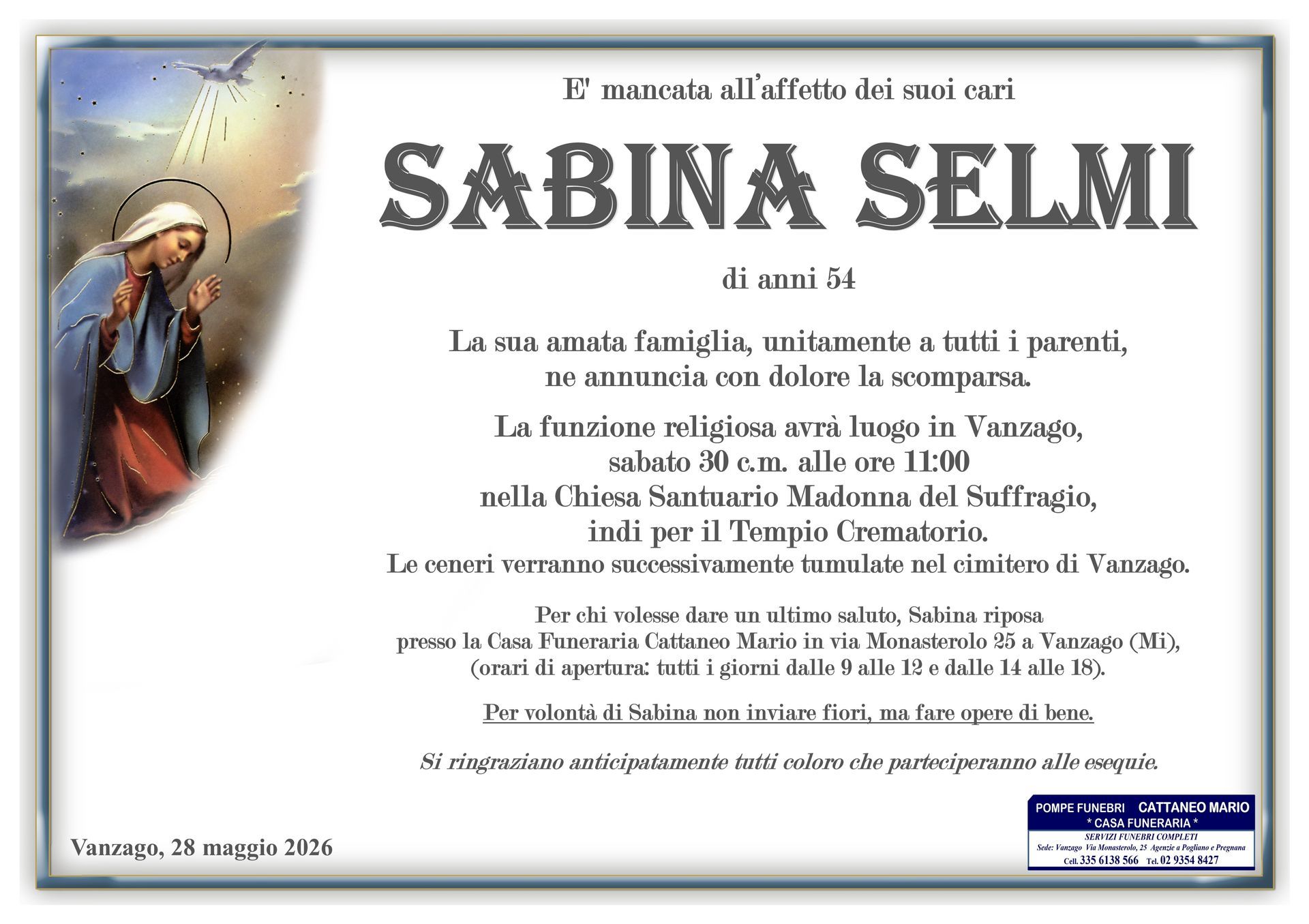 necrologio Sabina Selmi