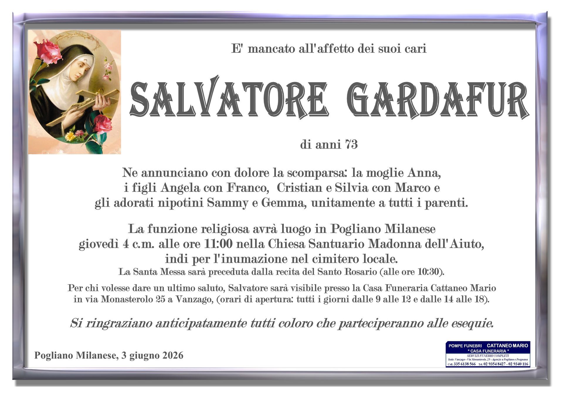 necrologio Salvatore Gardafur