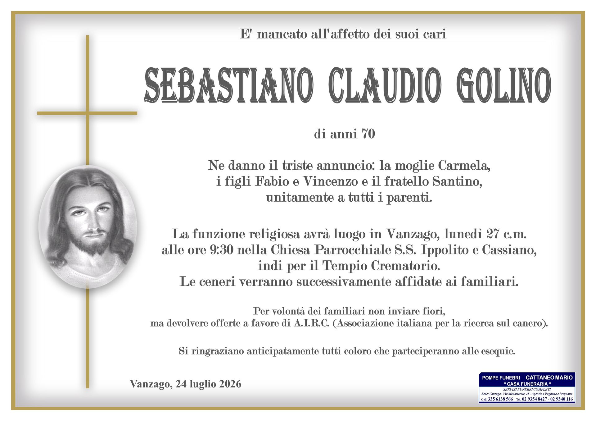 necrologio Sebastiano Claudio Golino