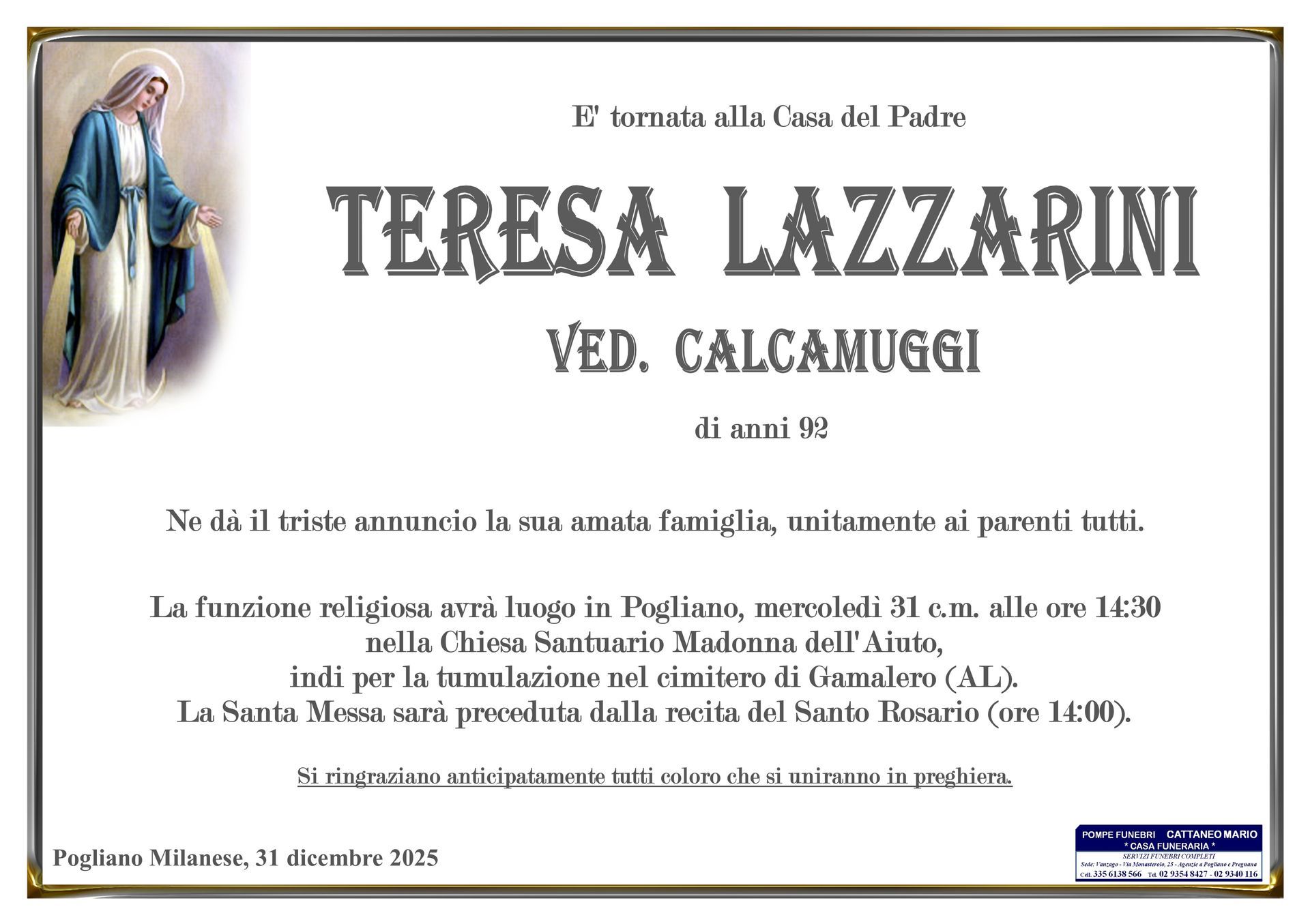necrologio Teresa Lazzarini
