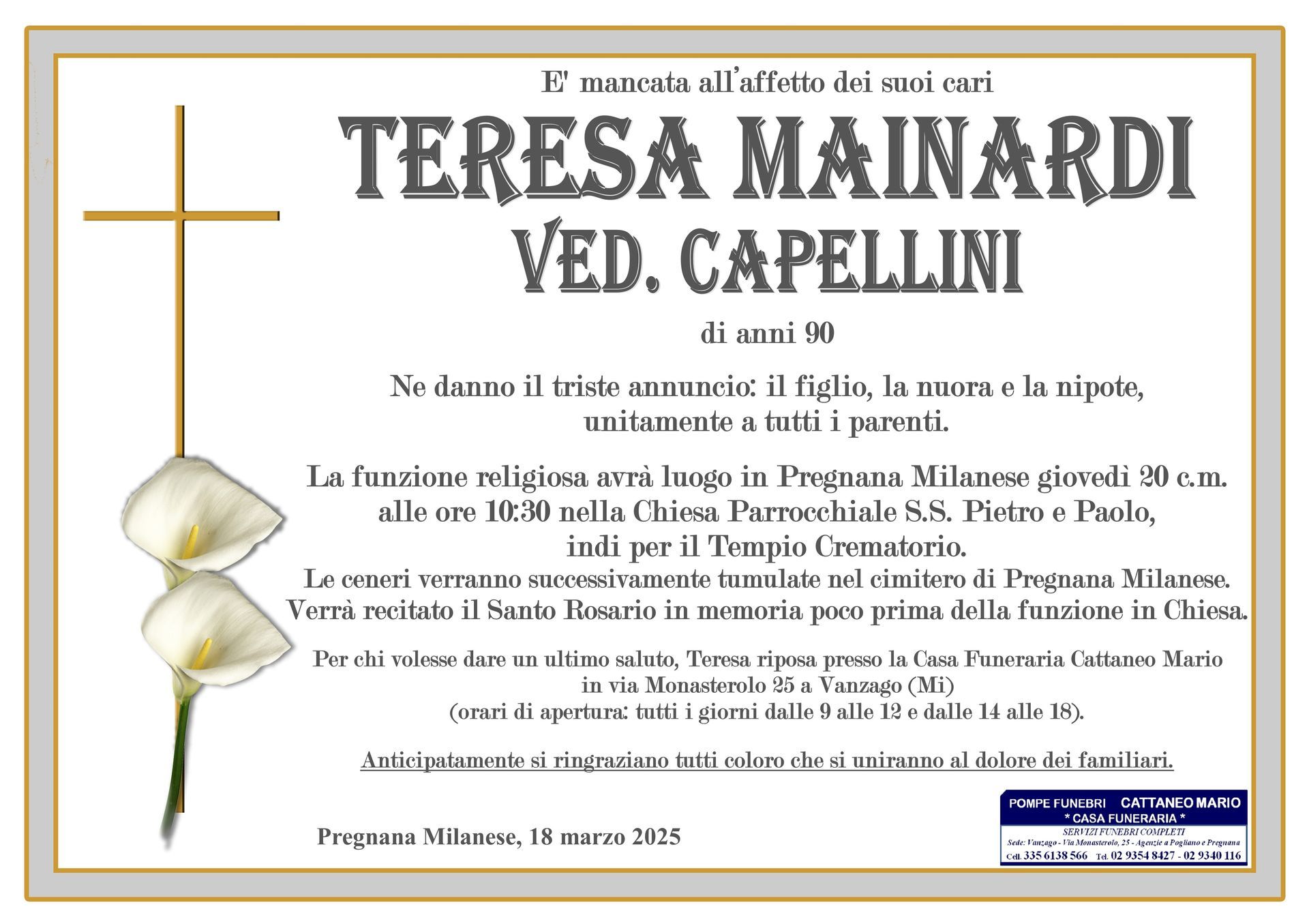necrologio Teresa Mainardi