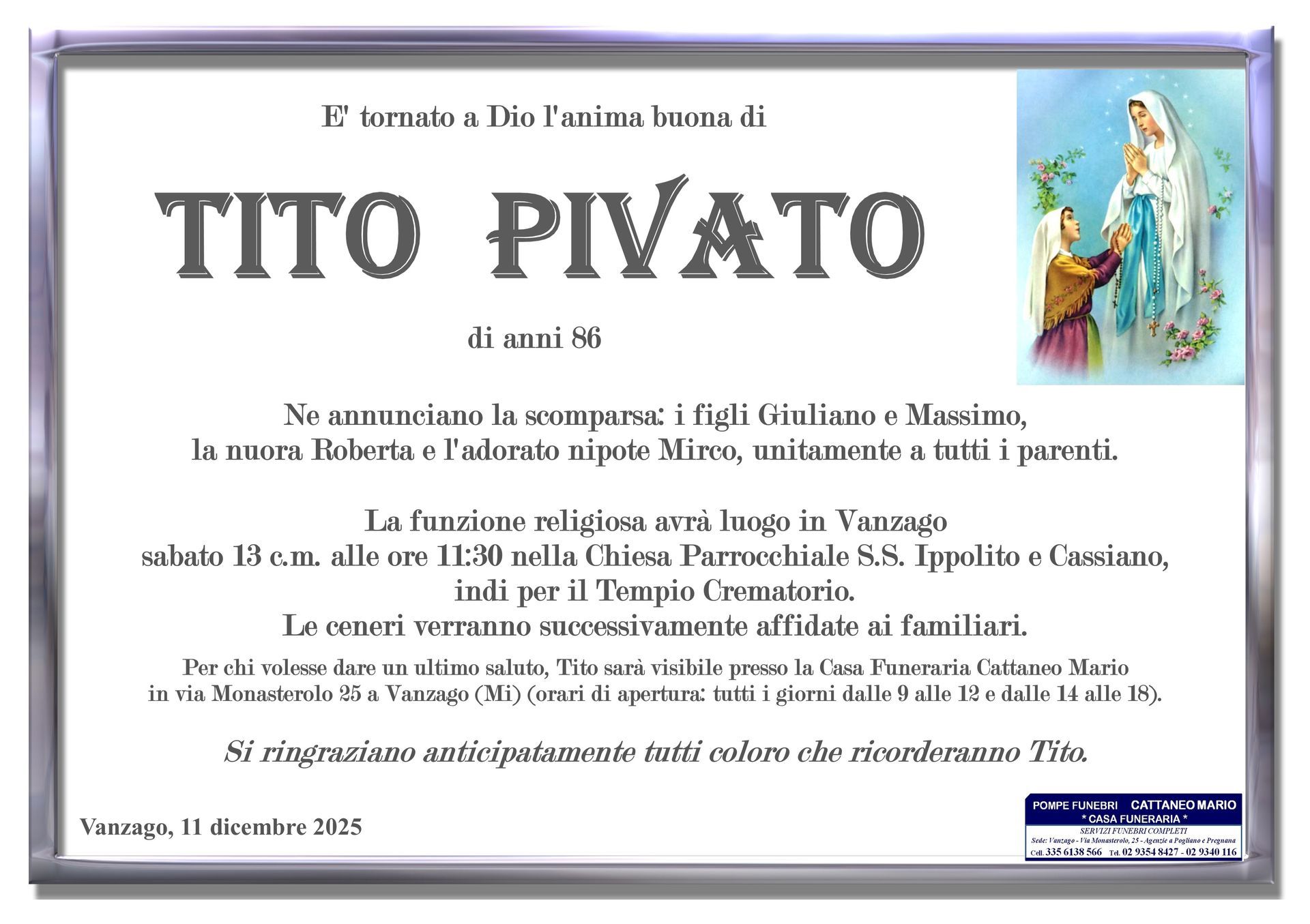 necrologio Tito Pivato