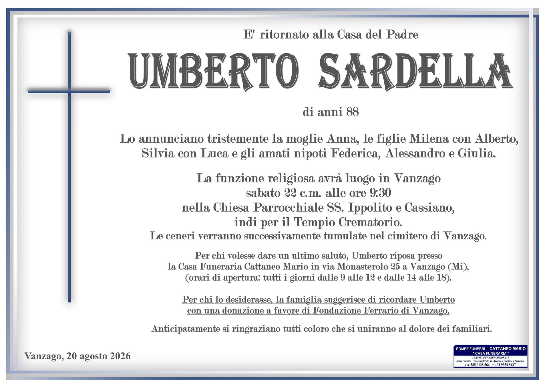 necrologio Umberto Sardella
