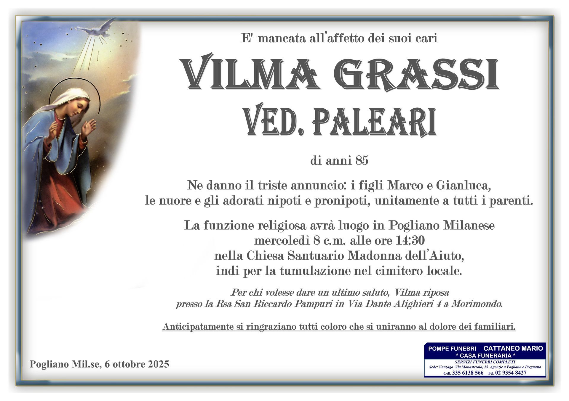 necrologio Vilma Grassi