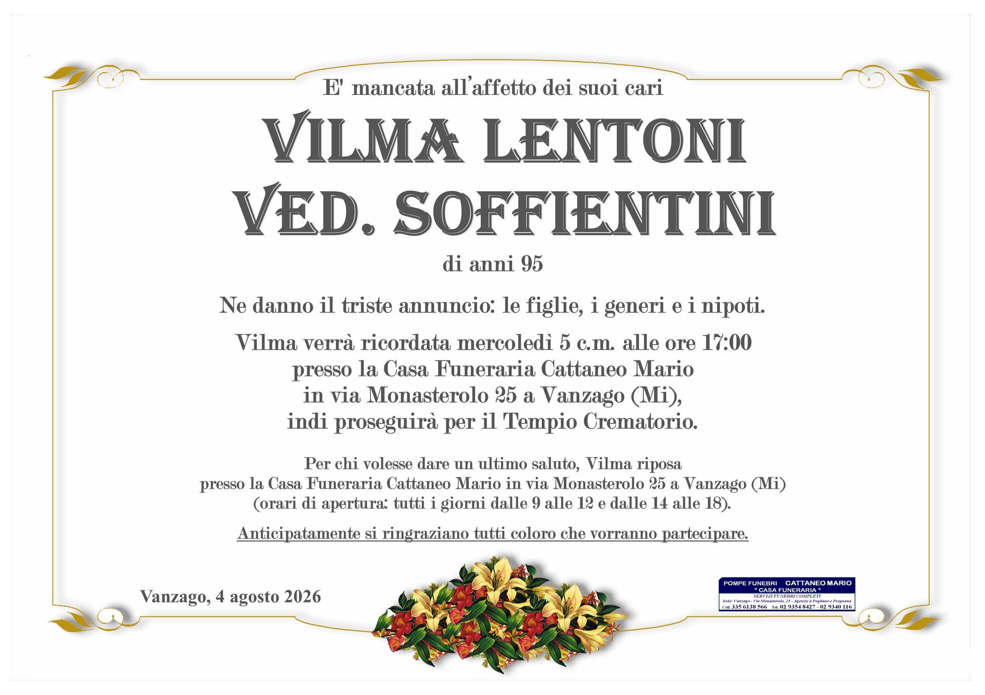 necrologio Vilma Lentoni