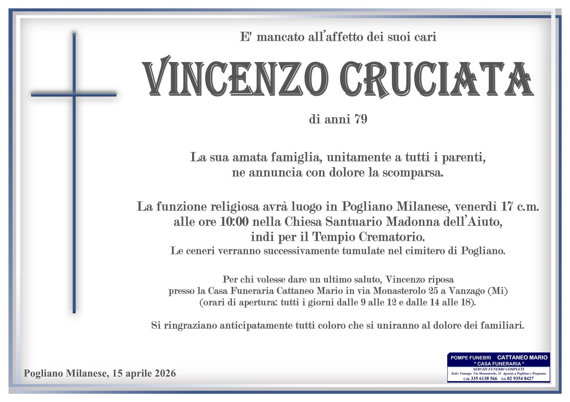 necrologio Vincenzo Cruciata