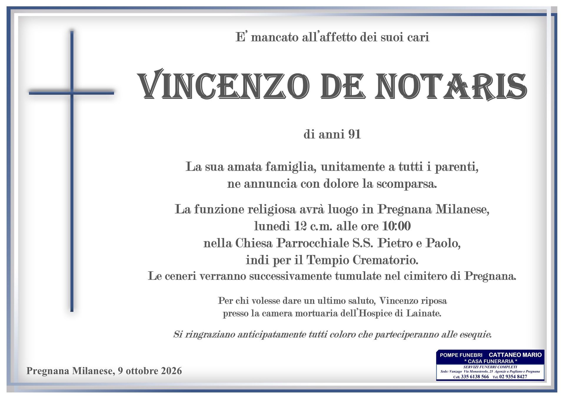 necrologio Vincenzo De Notaris