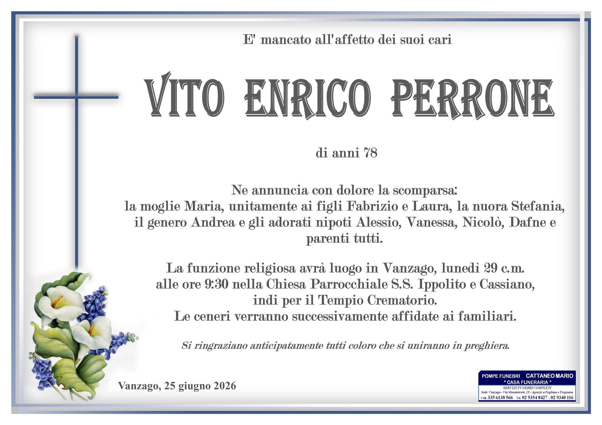 necrologio Vito Enrico Perrone