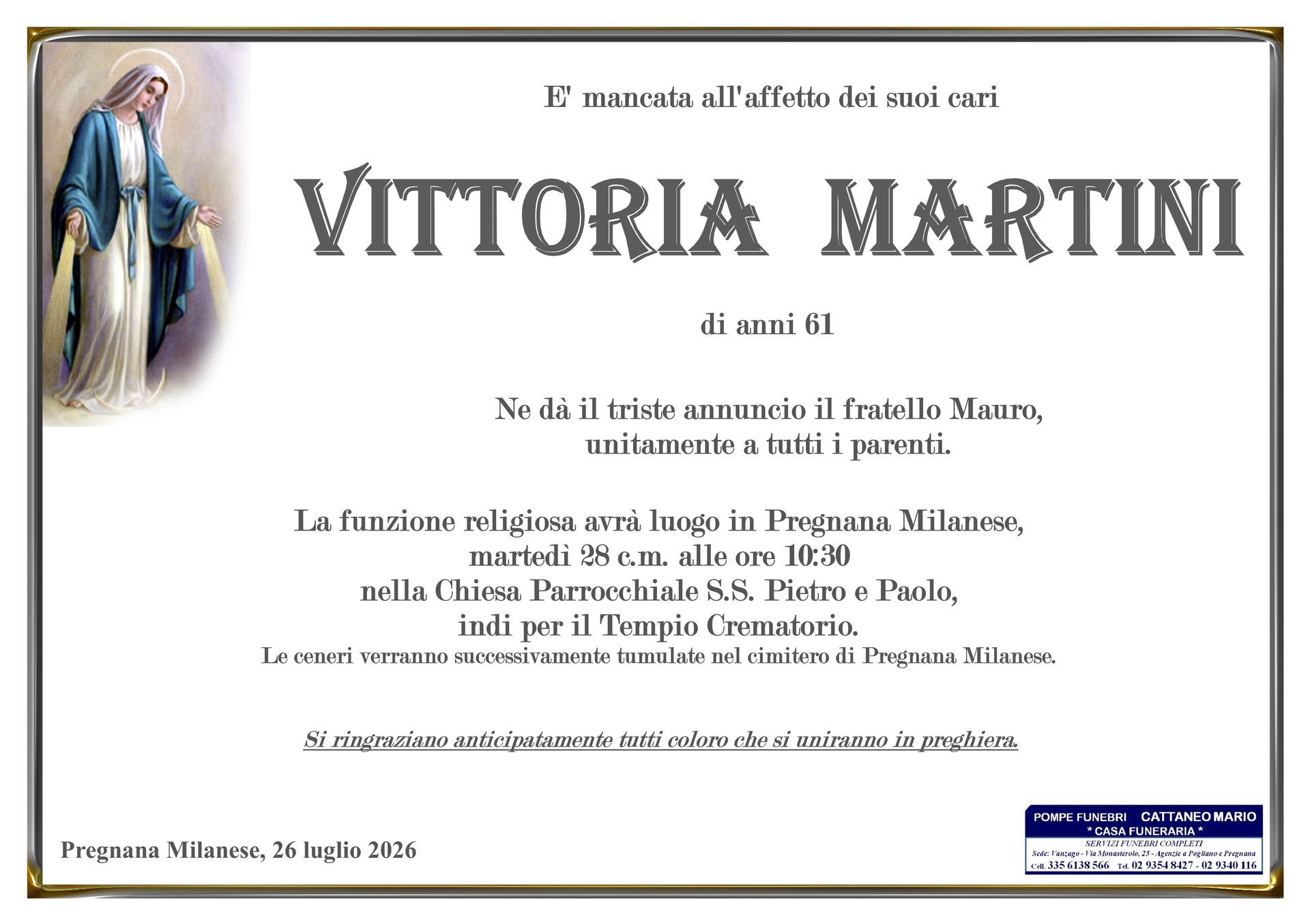 necrologio Vittoria Martini