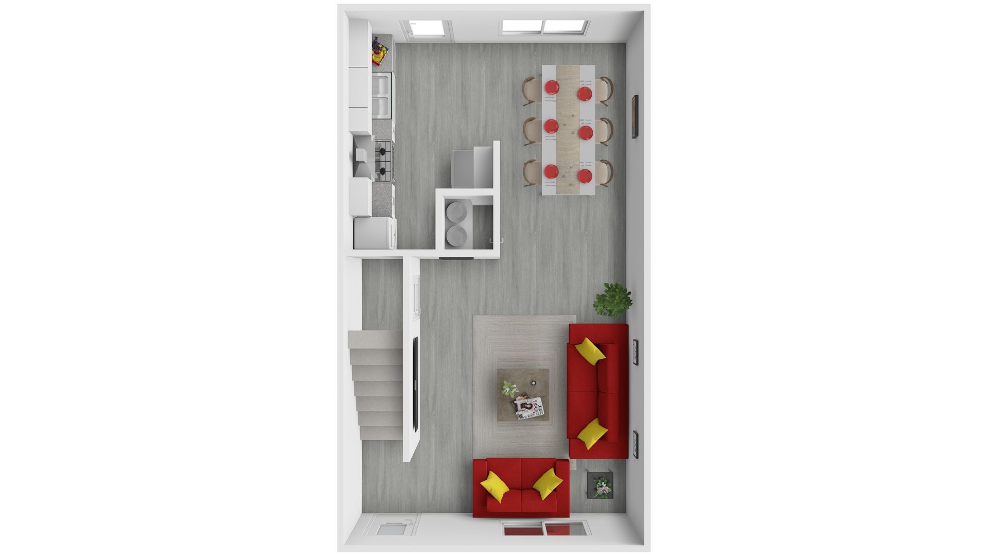 Top-down view of a modern apartment layout with white walls, gray floors, and red furniture.