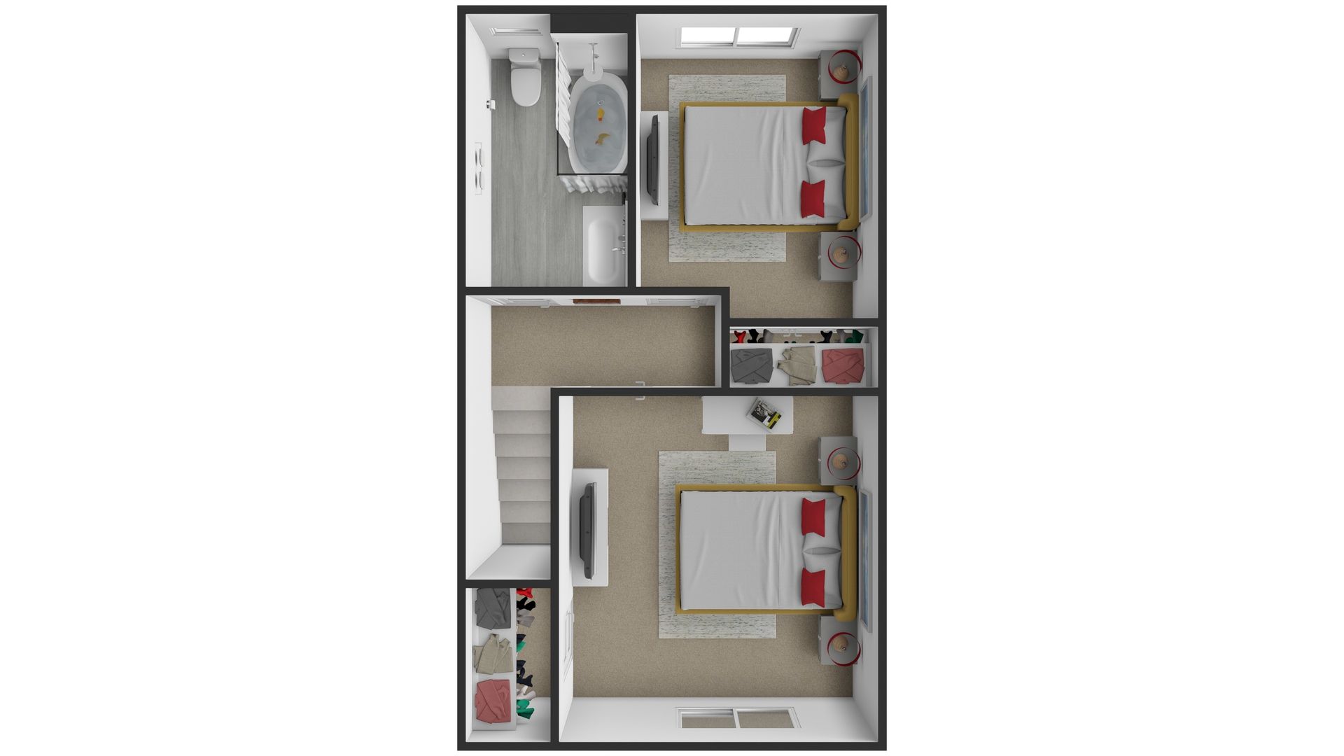 Top-down apartment floor plan with two bedrooms, two bathrooms, a kitchen, and a living area