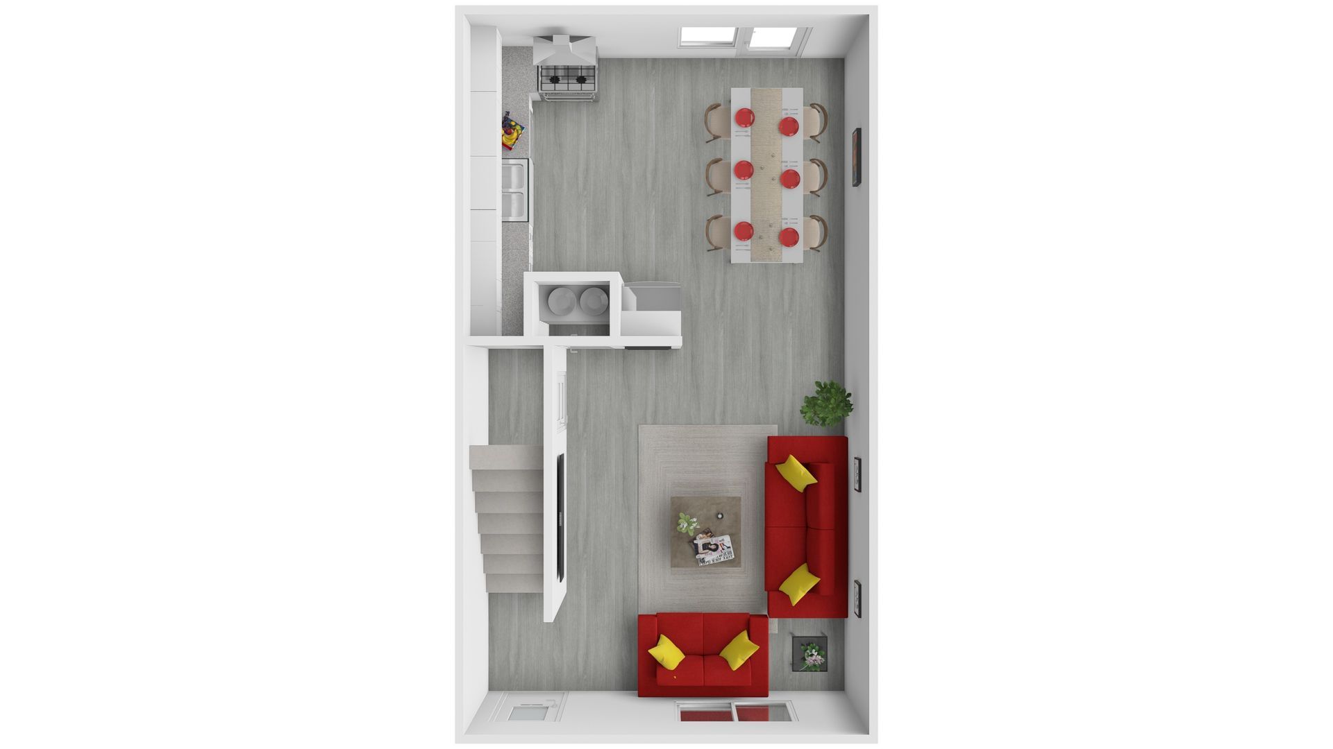 Top-down view of a modern apartment floor plan with white and gray walls, red furniture, and a dining area.
