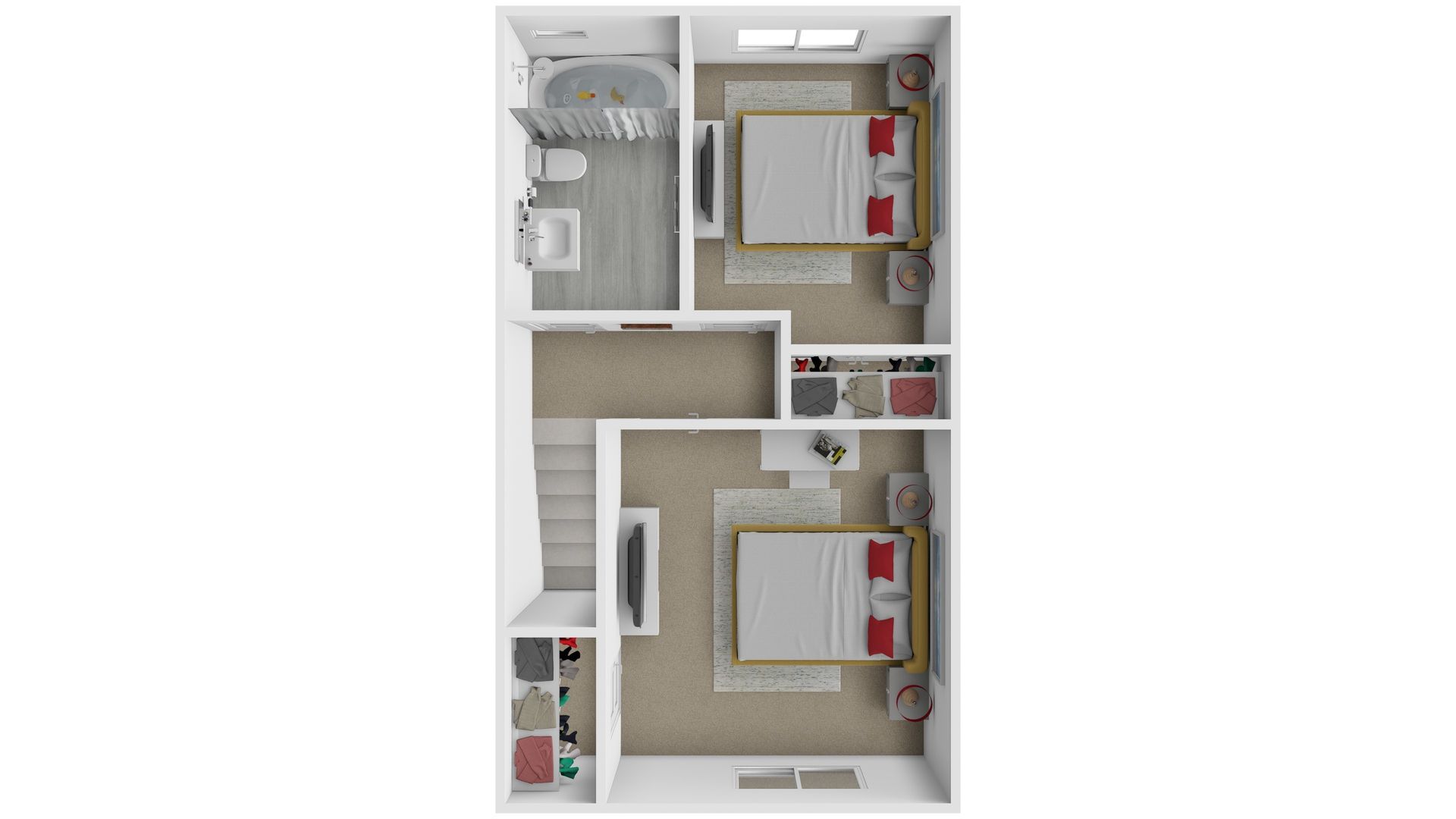 Top-down apartment floor plan with two bedrooms, bathroom, kitchen, and living area.