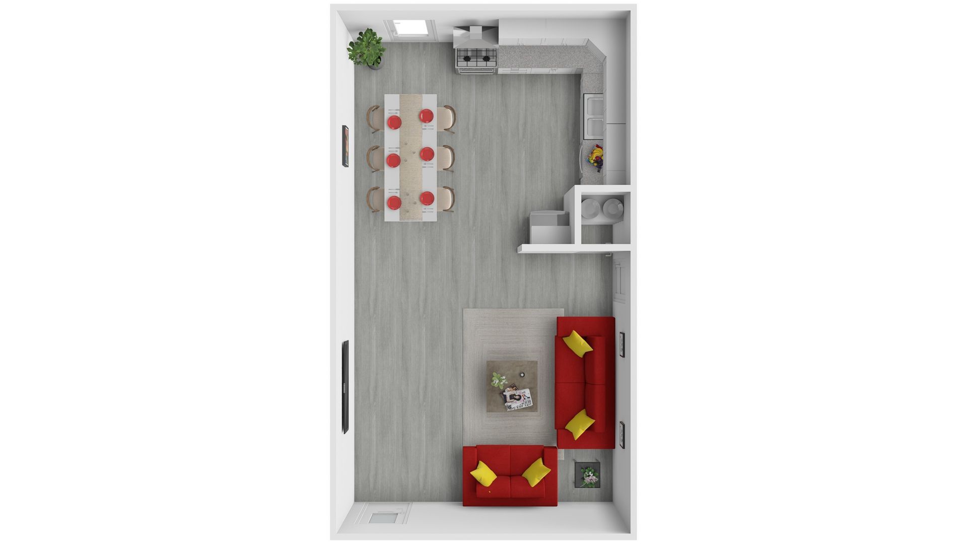 Top-down floor plan of a small room with a dining table, sofa, coffee table, and TV stand.