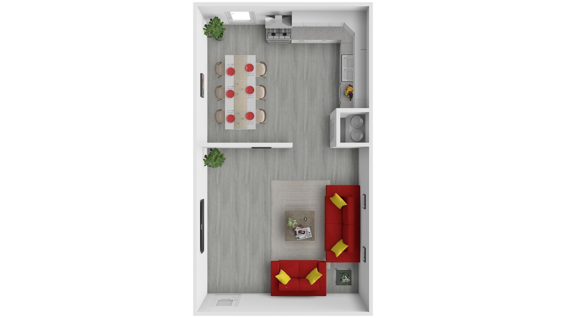 Top-down floor plan of a small modern apartment with gray wood floors and red furniture