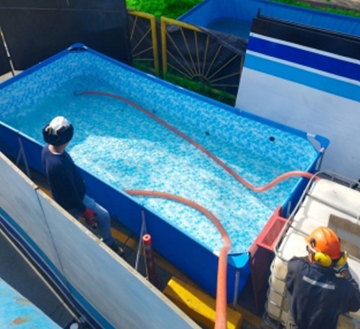 Dos trabajadores junto a un tanque industrial azul con agua, mangueras y una barandilla metálica.