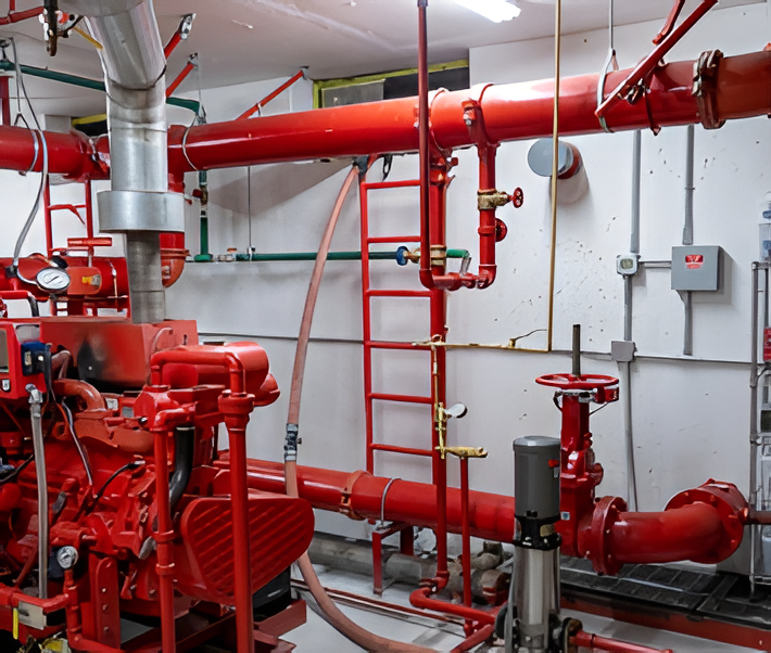 Tuberías y válvulas rojas de un sistema industrial de rociadores contra incendios en un cuarto de servicio con una escalera y un panel de control.