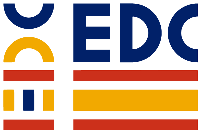 EDC logo: Blue, yellow, and red design with stylized initials and horizontal stripes.