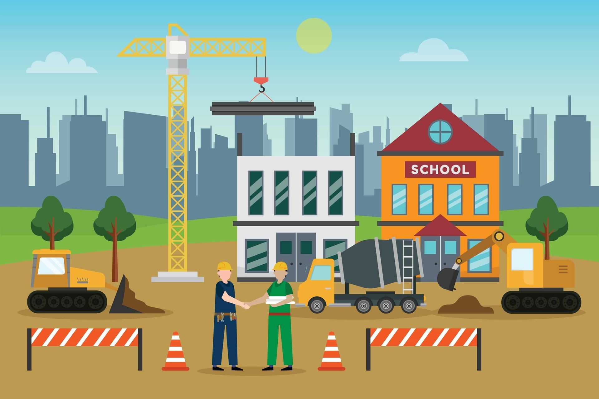 School building construction with cityscape