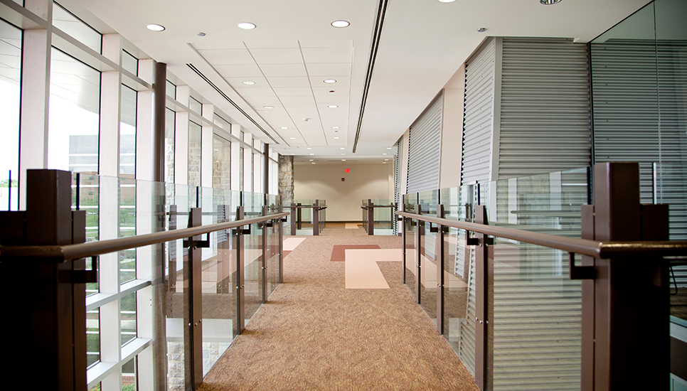 Interior hallway with glass walls, brown railings, and beige carpet.