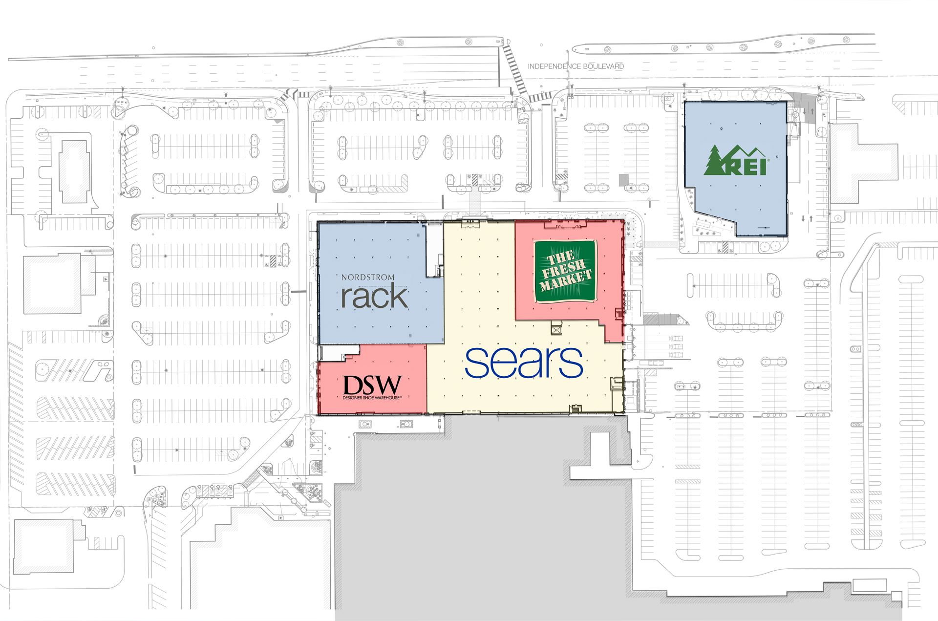 Mall map: stores Rack, DSW, Sears, The Fresh Market, and outdoor-themed store. Shows layout of stores within mall.