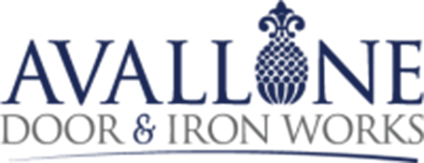 Avallone Door & Iron Works logo with blue text and ornamental pineapple icon