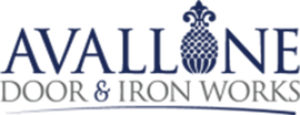 Avallone Door & Iron Works logo with blue text and ornamental pineapple icon