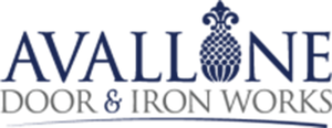 Avallone Door & Iron Works logo with blue text and ornamental pineapple icon