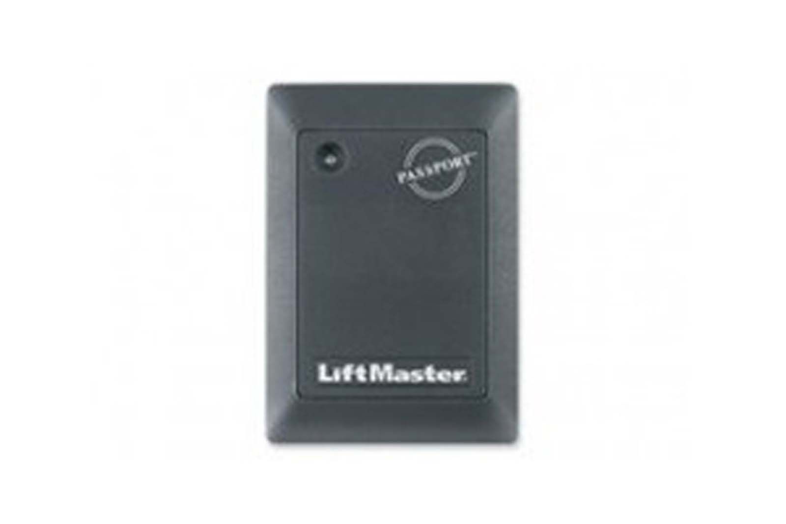 A black liftmaster remote control on a white background.
