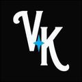 A white letter v and k with a blue star on a black background.