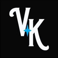 A white letter v and k with a blue star on a black background.