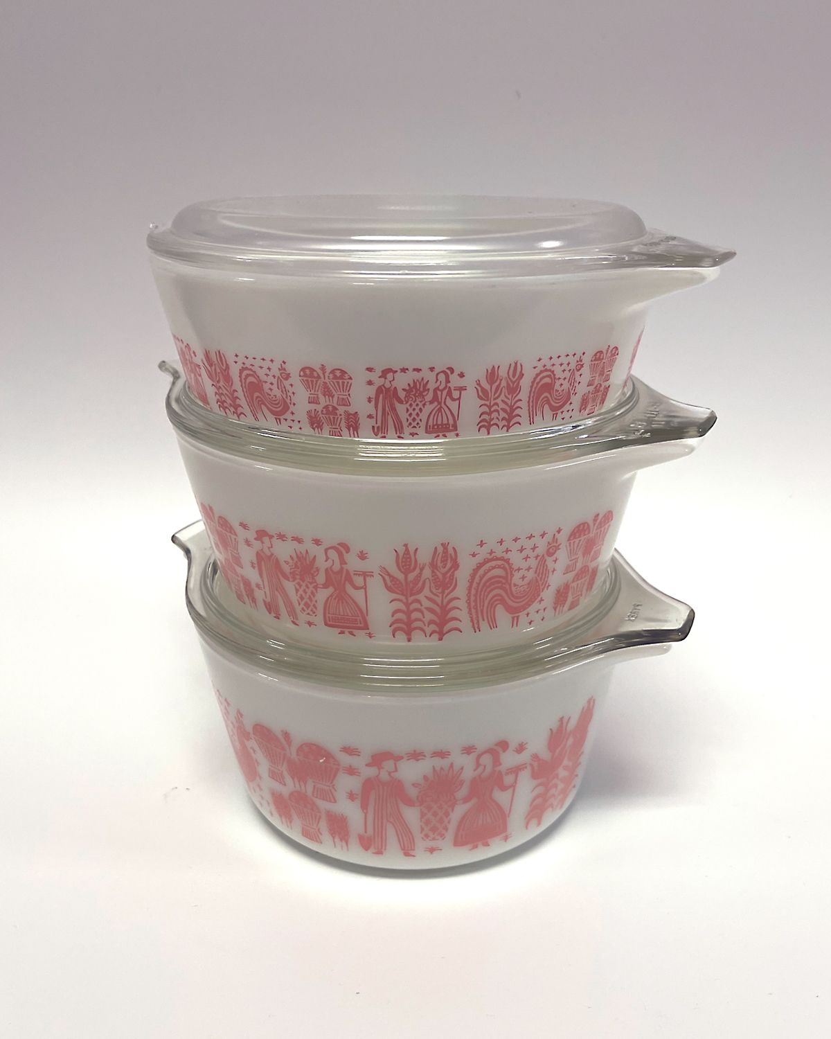 Pyrex pink butter print casserole dishes