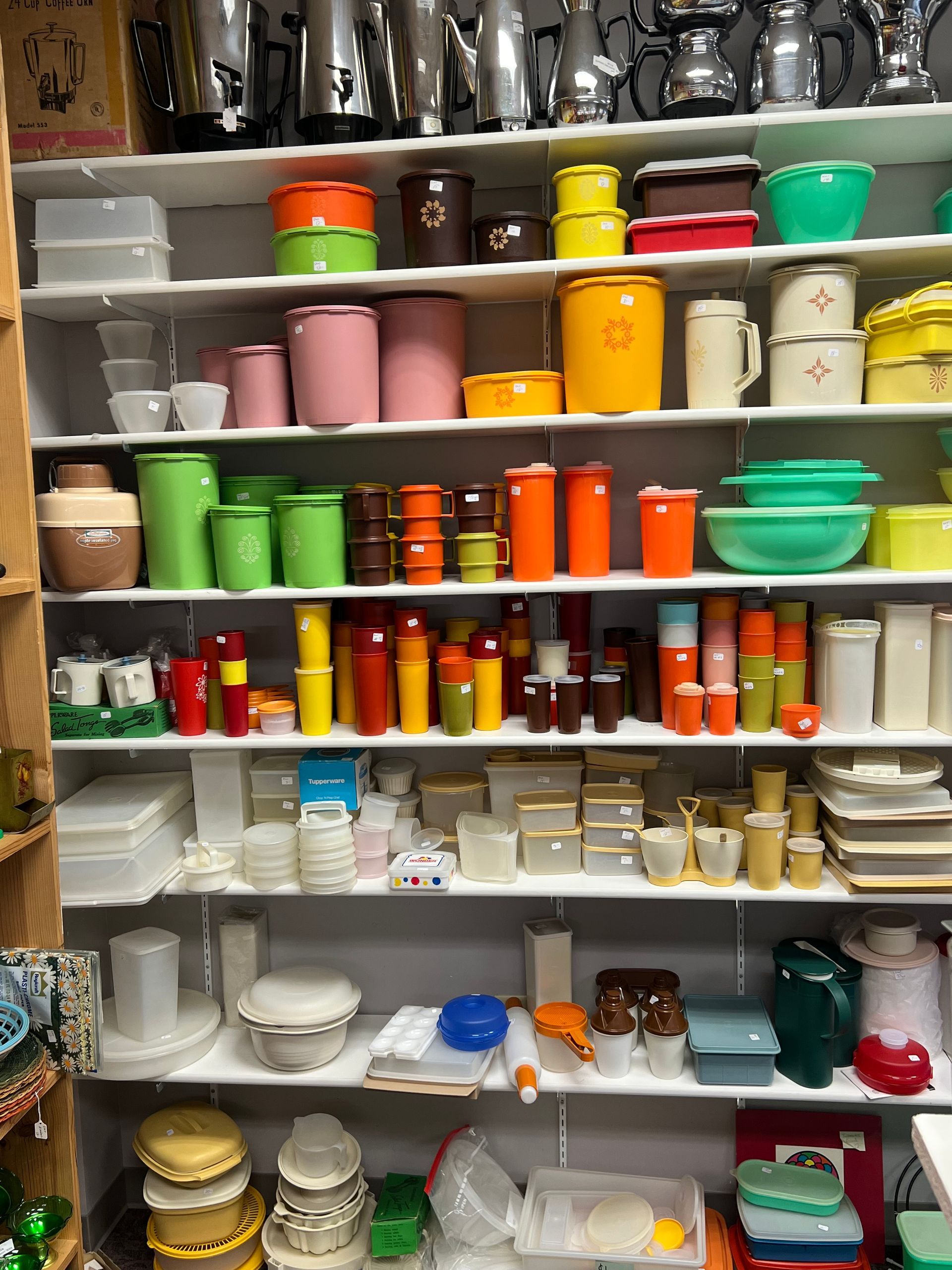 Shelves filled with a variety of items