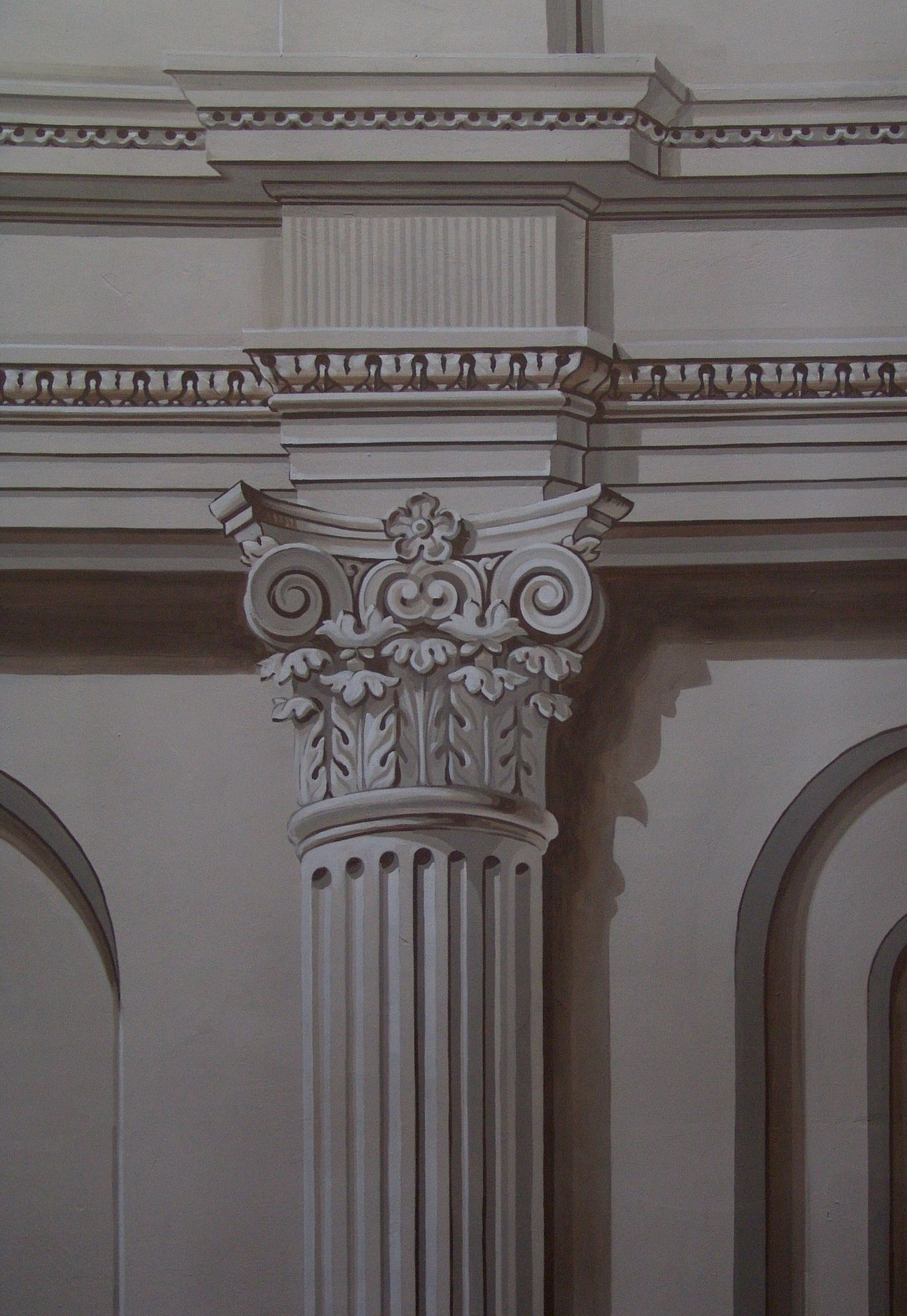 Mural of Corinthian column with fluted shaft and ornate capital.