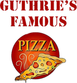 A logo for guthrie 's famous pizza with a slice of pizza