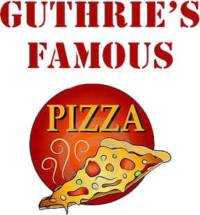 A logo for guthrie 's famous pizza with a slice of pizza