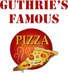 A logo for guthrie 's famous pizza with a slice of pizza