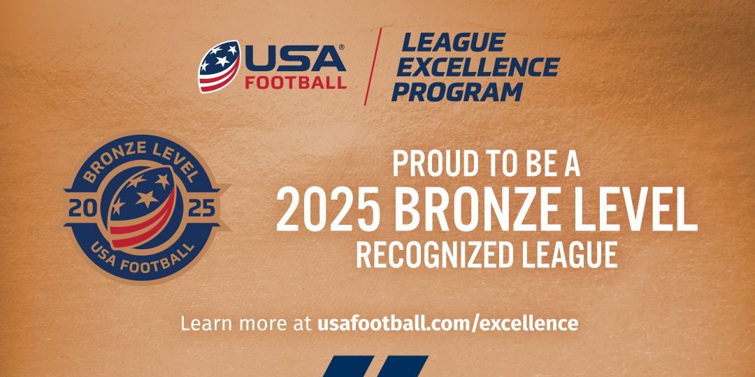 USA Football bronze level recognized league banner in tan and blue with text and logo