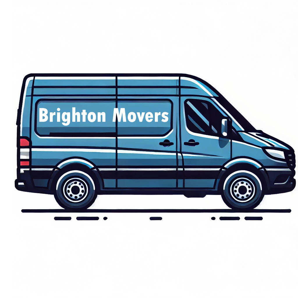 A clip art style picture of a blue sprinter van with the name Brighton Movers on the side.