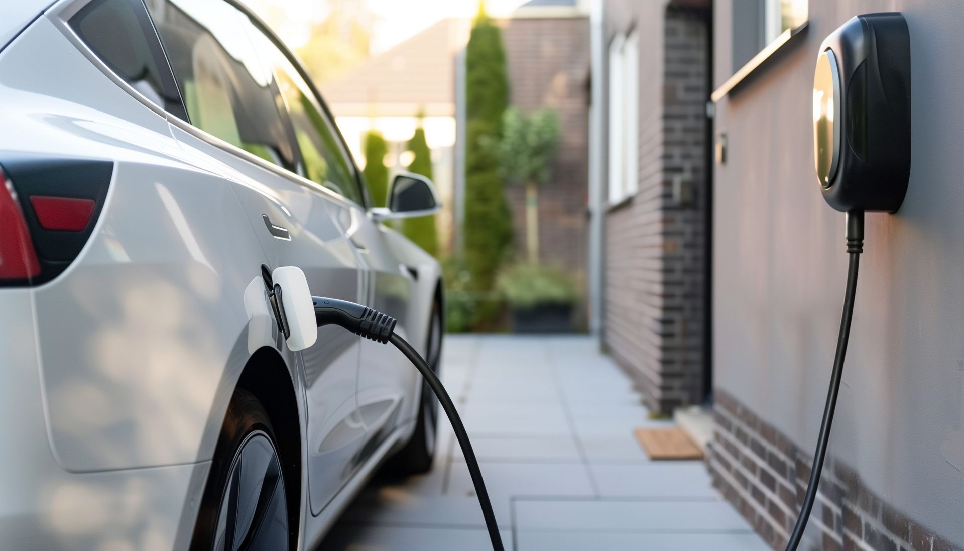 Recharge de voiture électrique sur une borne à domicile ; voiture argentée, chargeur noir, câble attaché, brique et mur gris.