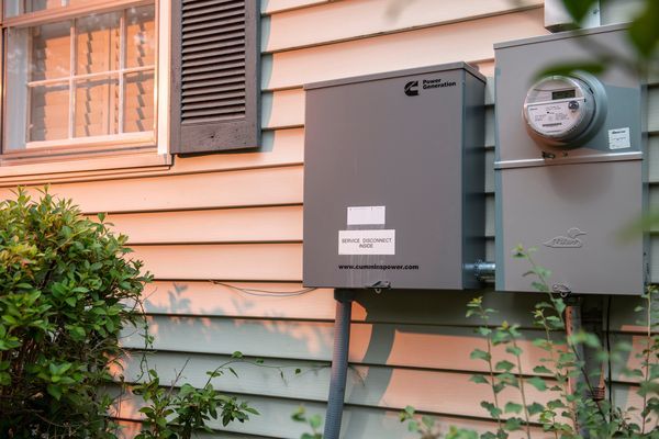 Générateur gris et boîtier électrique sur l'extérieur d'une maison; plantes vertes au premier plan, fenêtre avec volet au-dessus.