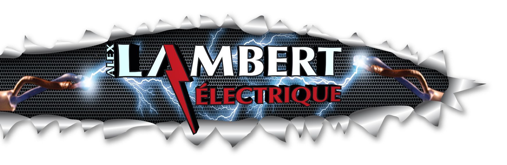 Logo for Lambert Électrique with a red lightning bolt and electrical sparks with torn paper effect.