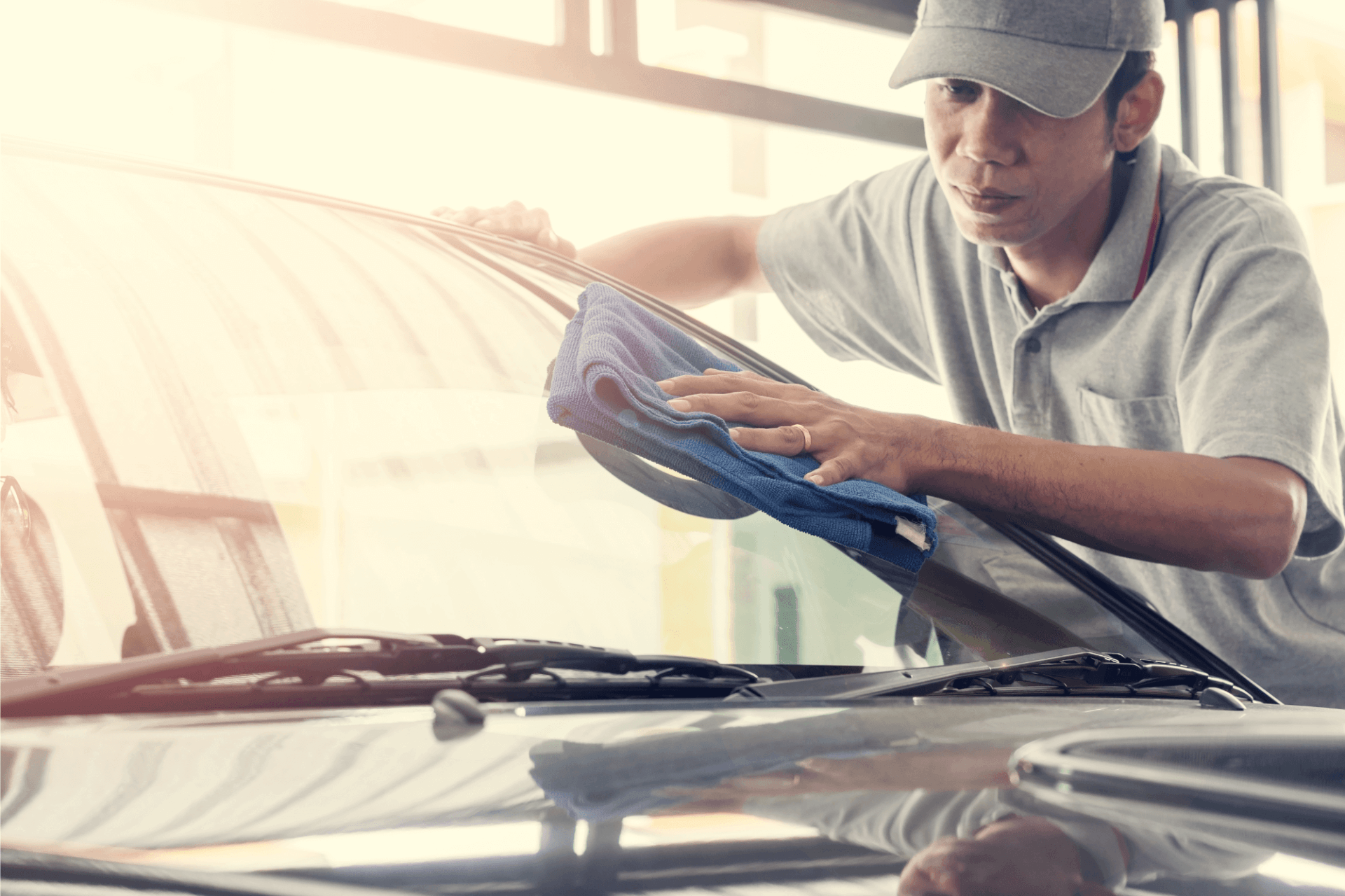 An auto glass specialist is cleaning a car windshield