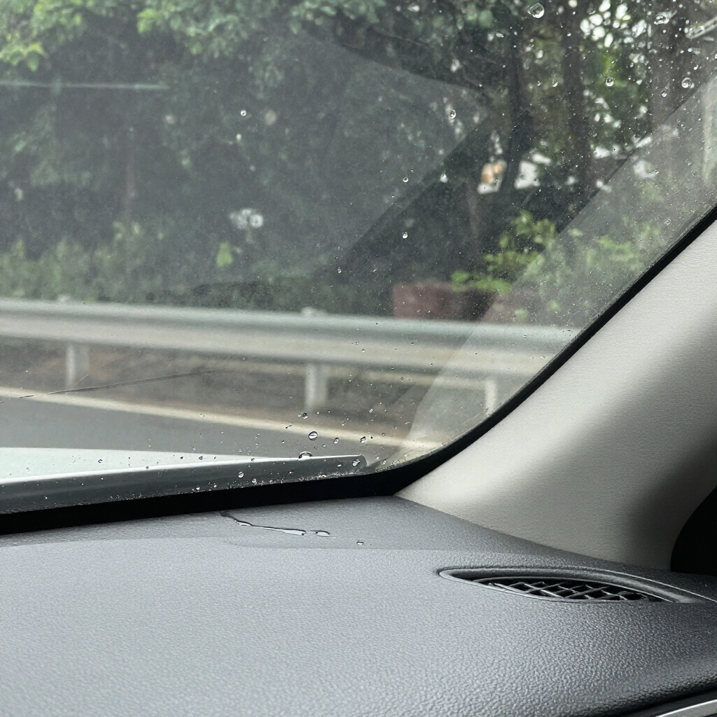 Water is leaking onto the car dashboard near the windshield.