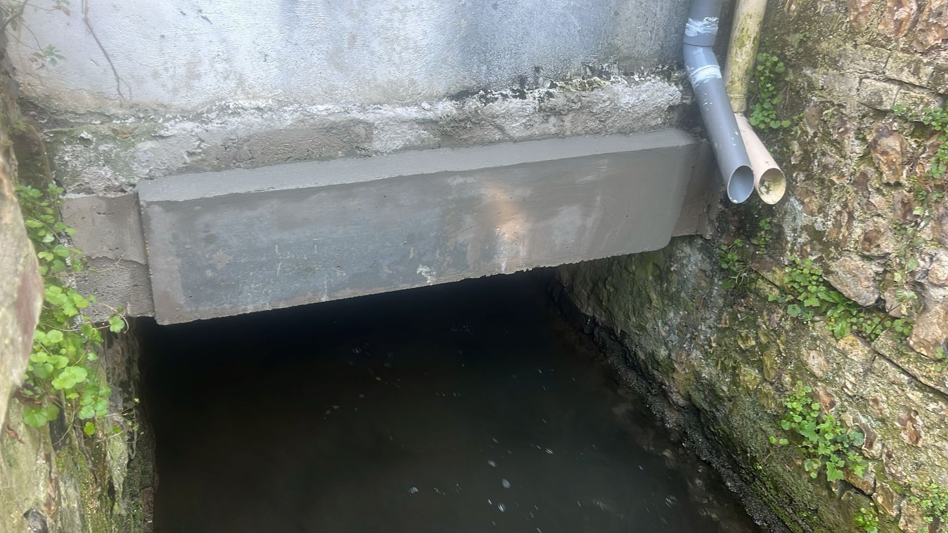 Ouverture d'un ponceau en béton laissant apparaître de l'eau sombre en dessous, bordée de murs de pierre moussue et d'un tuyau métallique sur la droite.
