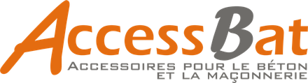 Logo AccessBat avec texte orange et gris, slogan pour accessoires en béton et maçonnerie