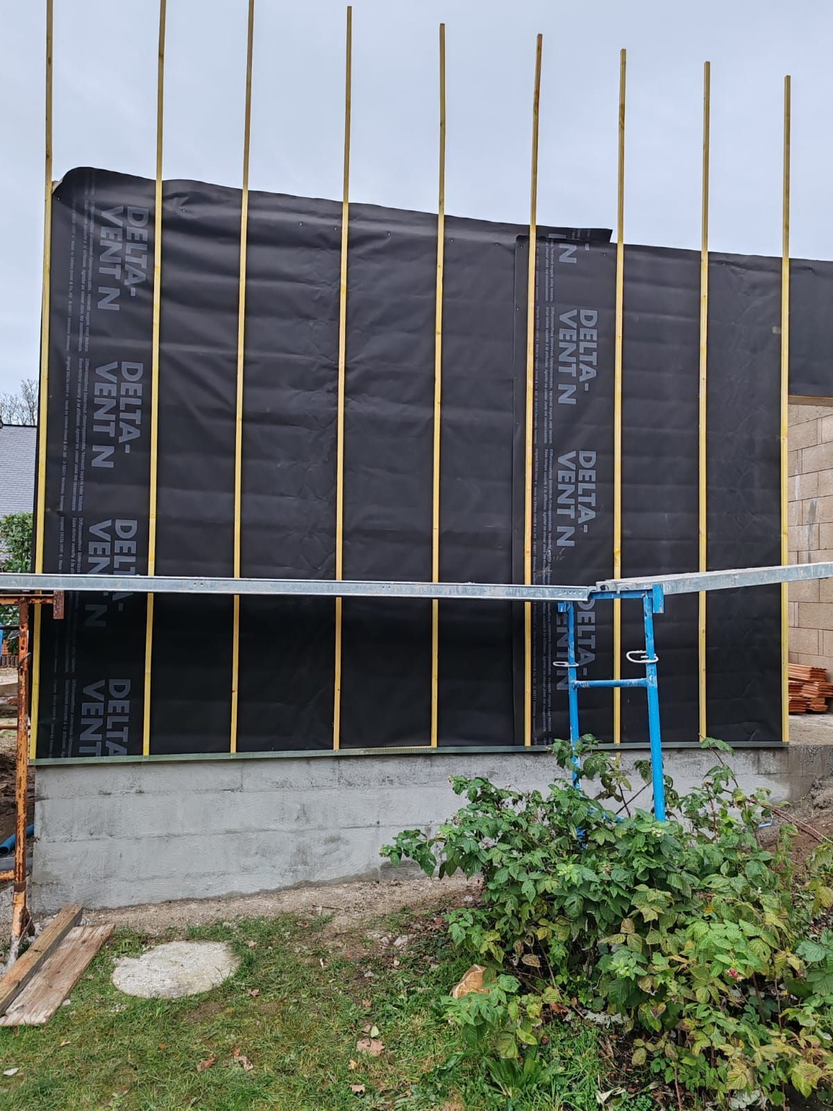 Mur noir avec poteaux verticaux jaunes, échafaudage en tuyaux bleus et plantes devant un bâtiment.